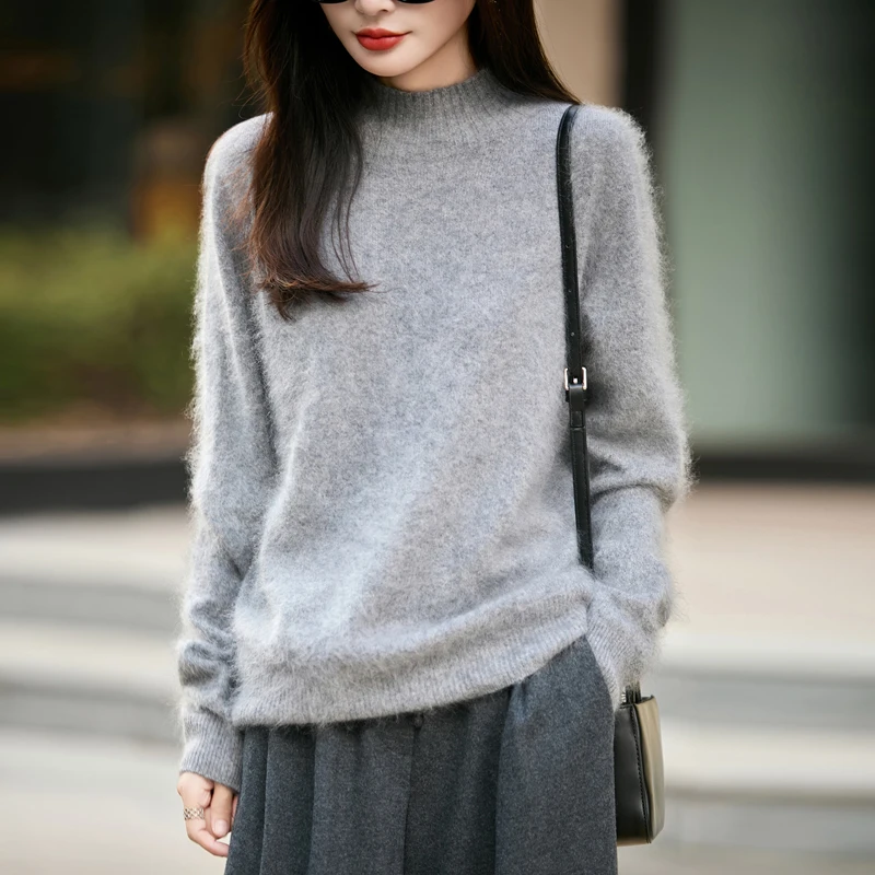 Embroidery A - 100% Wool Women's Fluffy High Neck