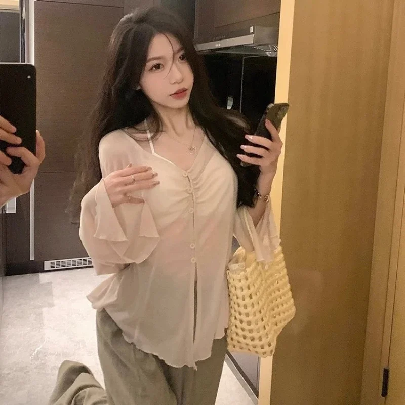 Embroidery A - Sheer Flare Sleeve Blouse - Y2K