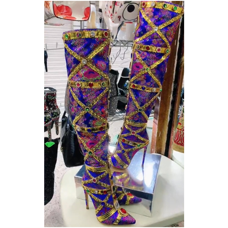 Embroidery Stitch - Multicolor Gemstone Gold Trim Stitched Stiletto