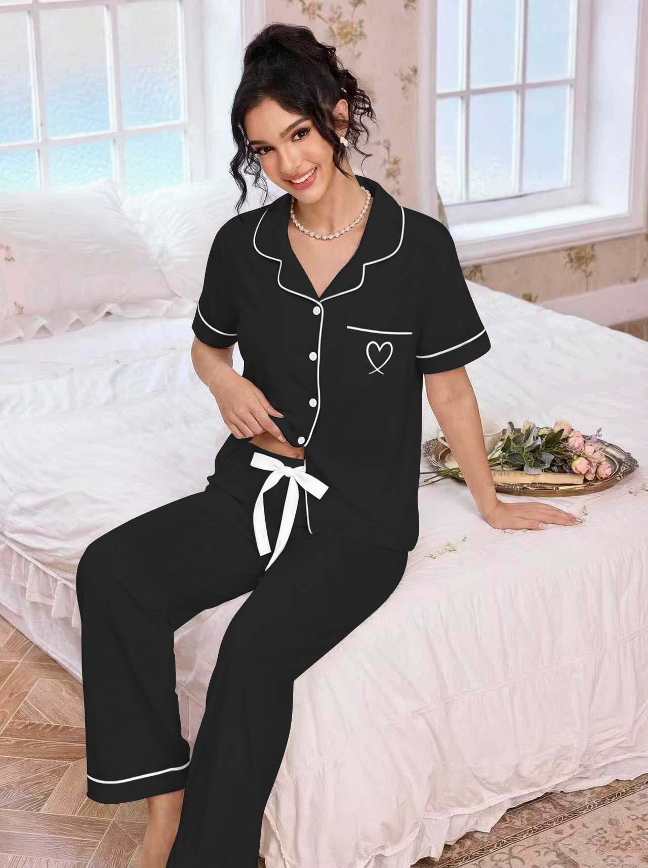 Embroidery Set - Women Lapel Pajamas Set Heart Embroidery