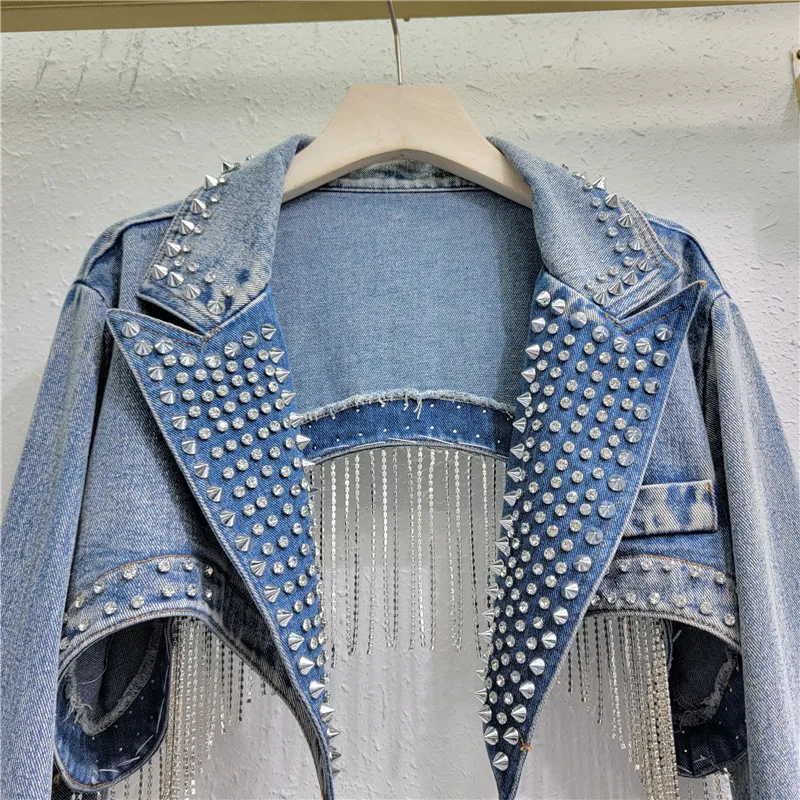 Rhinestone Beaded Tassels Rive - Embroidery Jacket Jeans 评论和价格