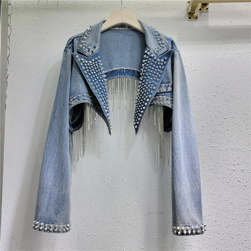 Rhinestone Beaded Tassels Rive - Embroidery Jacket Jeans 评论和价格