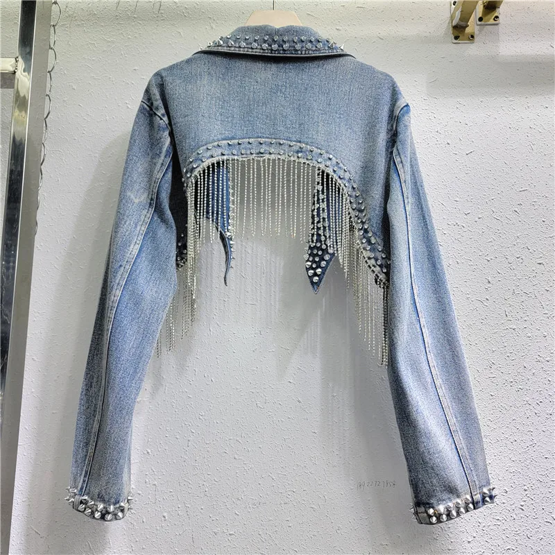 Rhinestone Beaded Tassels Rive - Embroidery Jacket Jeans 评论和价格