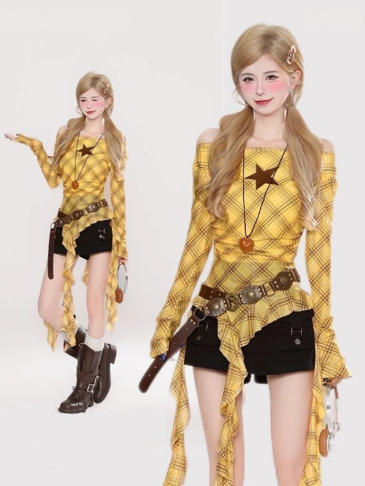 Y2K Plaid Slash Neck Vintage T - Embroidery A 评论和价格