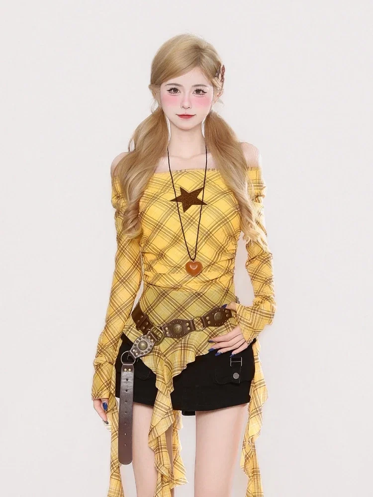 Y2K Plaid Slash Neck Vintage T - Embroidery A 评论和价格