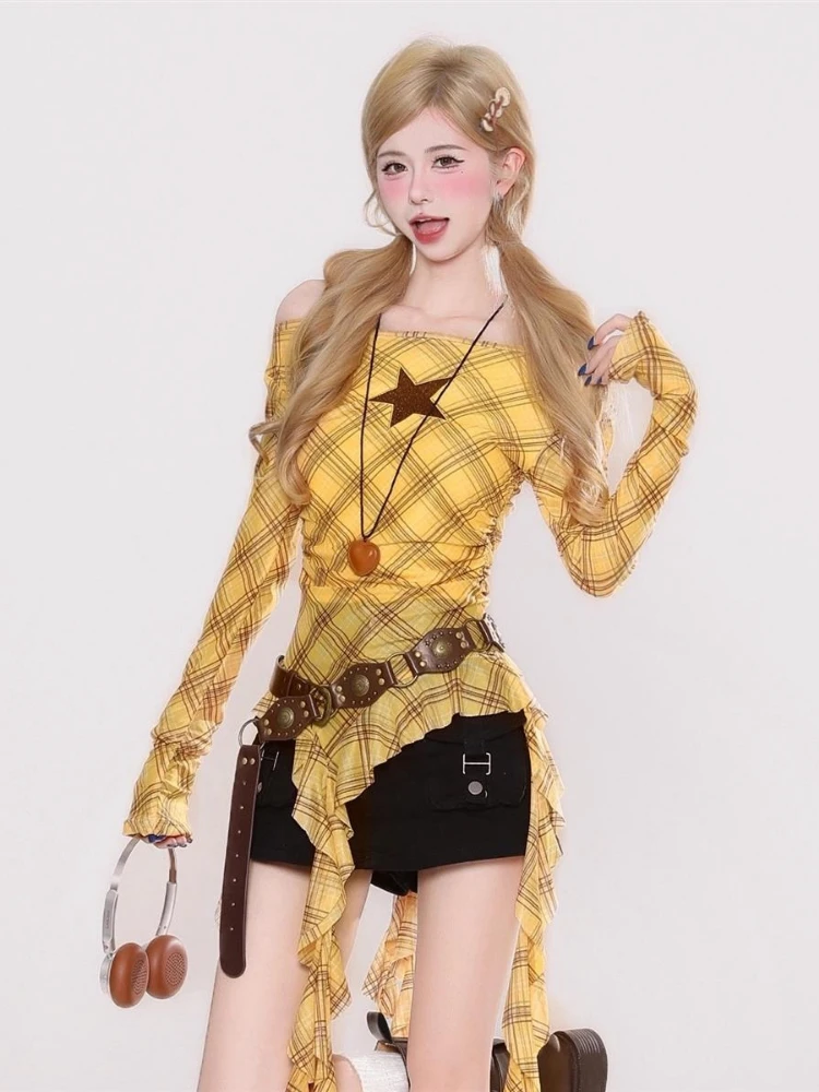 Y2K Plaid Slash Neck Vintage T - Embroidery A 评论和价格