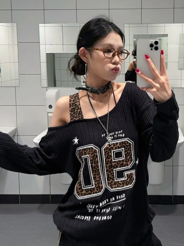 Y2K Patchwork Leopard Print T- - Embroidery A 评论和价格