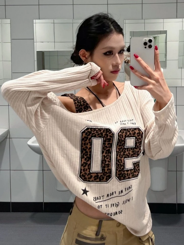 Y2K Patchwork Leopard Print T- - Embroidery A 评论和价格