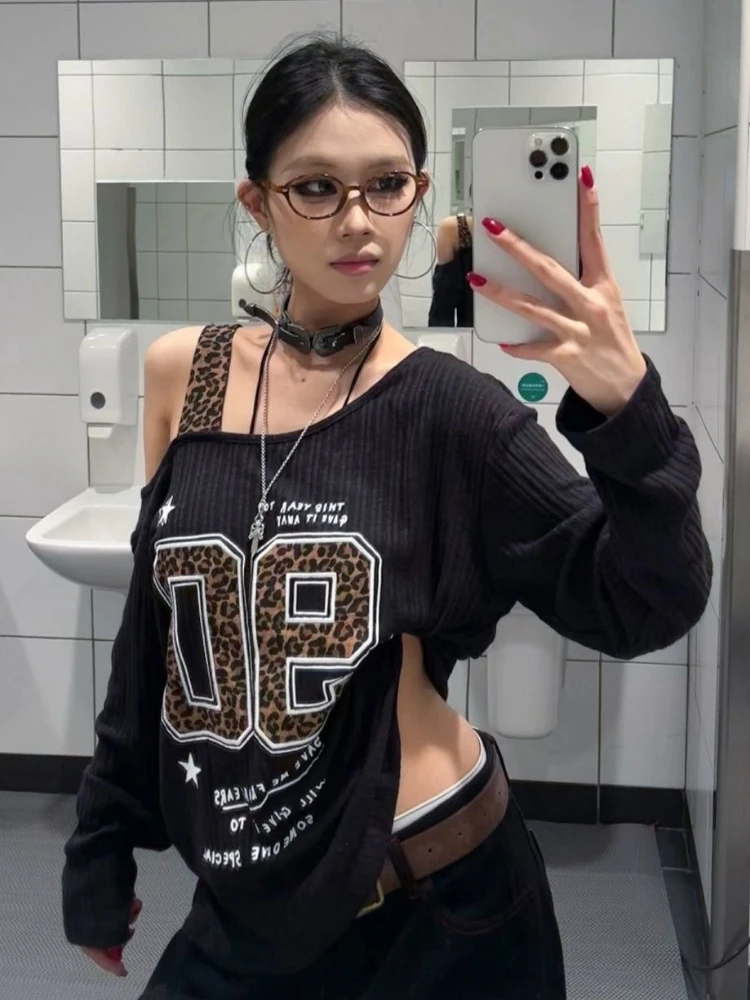 Y2K Patchwork Leopard Print T- - Embroidery A 评论和价格