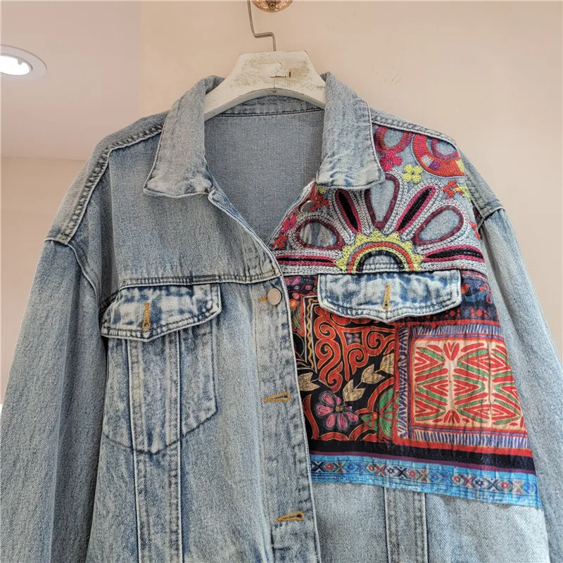 Vintage Blue Embroidery Splice - Embroidery Jacket Jeans 评论和价格