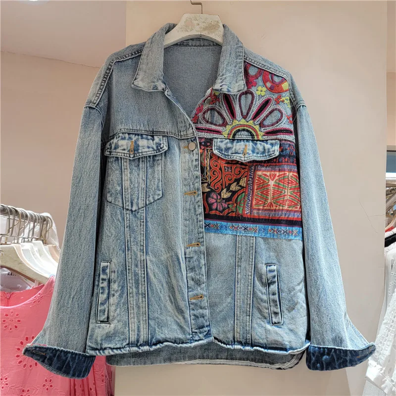 Vintage Blue Embroidery Splice - Embroidery Jacket Jeans 评论和价格