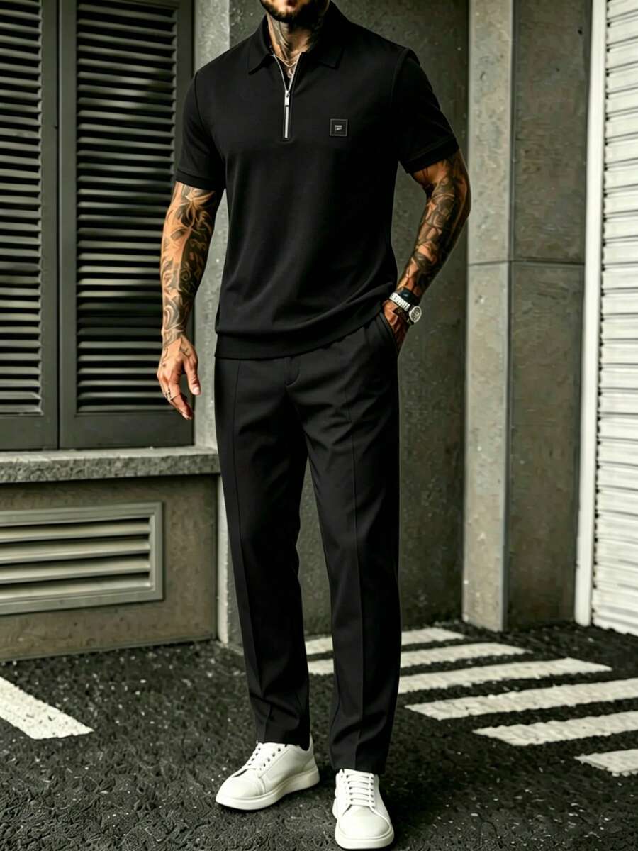 Mens Black Quarter-Sleeve Zip- - Embroidery Set 评论和价格